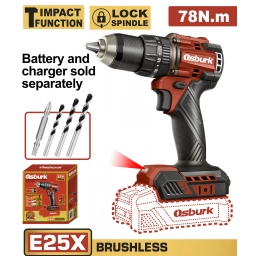 TALADRO ATORNILLADOR CPERCUTOR A BATERIA 78NM 25V E25X + 4 MECHAS SIN CARGADOR SIN BATERIA USO INDUSTRIAL OSBURK KCID07