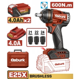 LLAVE DE IMPACTO A BATERIA 25V E25X 12 600NM  + 2 BAT 4.0AH + CARGADOR + ACCESORIOS + VALIJA USO INDUSTRIAL OSBURK KEW