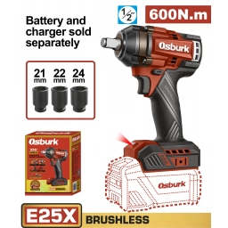 LLAVE DE IMPACTO A BATERIA 25V E25X 1/2" 600NM  + 3 DADOS 21, 22, 24MM S/BAT S/CARG USO INDUSTRIAL OSBURK KEWH256001