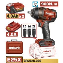 LLAVE DE IMPACTO A BATERIA 25V E25X 1/2" 900NM  + 2 BAT 4.0AH + CARGADOR + ACCESORIOS + VALIJA USO INDUSTRIAL OSBURK KEW