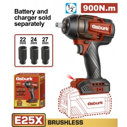 LLAVE DE IMPACTO A BATERIA 25V E25X 1/2" 900NM  + 3 DADOS 22, 24, 27MM S/BAT S/CARG USO INDUSTRIAL OSBURK KEWH259001