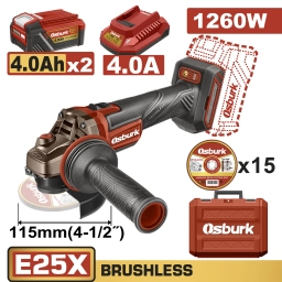 AMOLADORA ANGULAR A BATERIA 25V E25X 115MM (4-12) + 2 BAT 4.0AH + CARGADOR + 15 DISCOS + VALIJA USO INDUSTRIAL OSBURK 